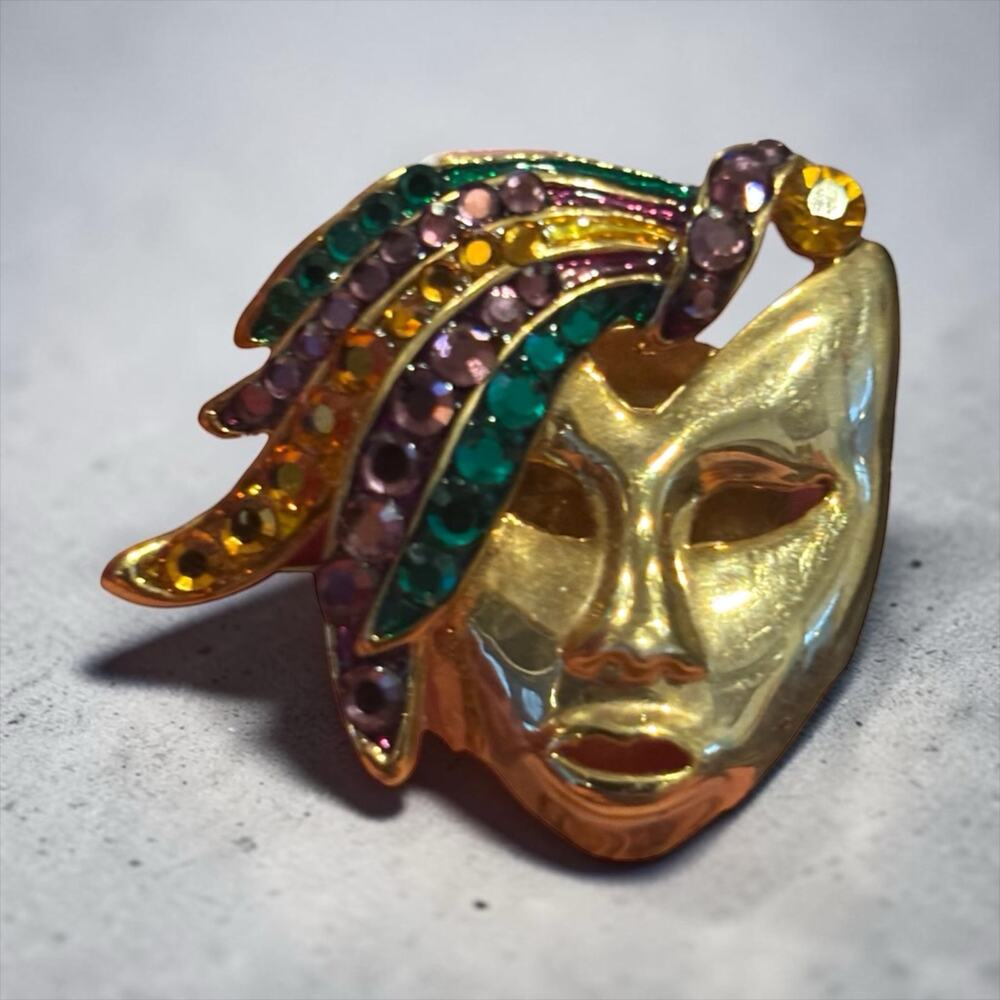 Venetian Mardi Gras Mask Pin Gold Tone Rhinestone Harlequin Brooch